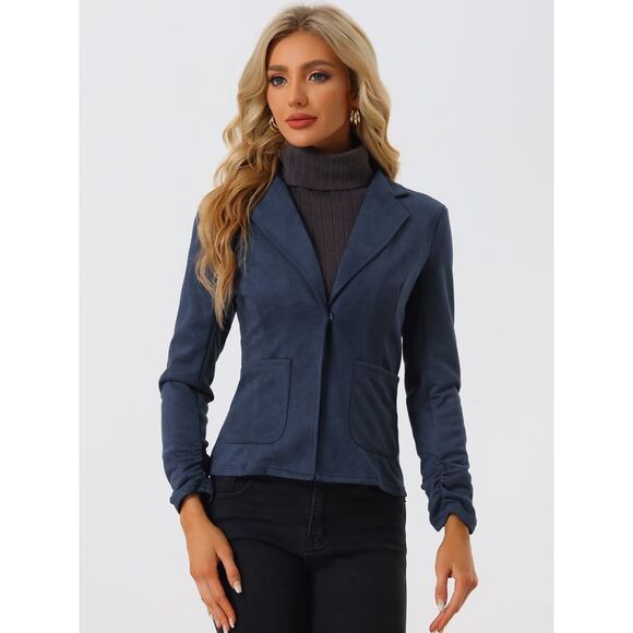 Casual Open Front Drawstring Faux Suede Blazer Dark Blue - Picture 3 of 5